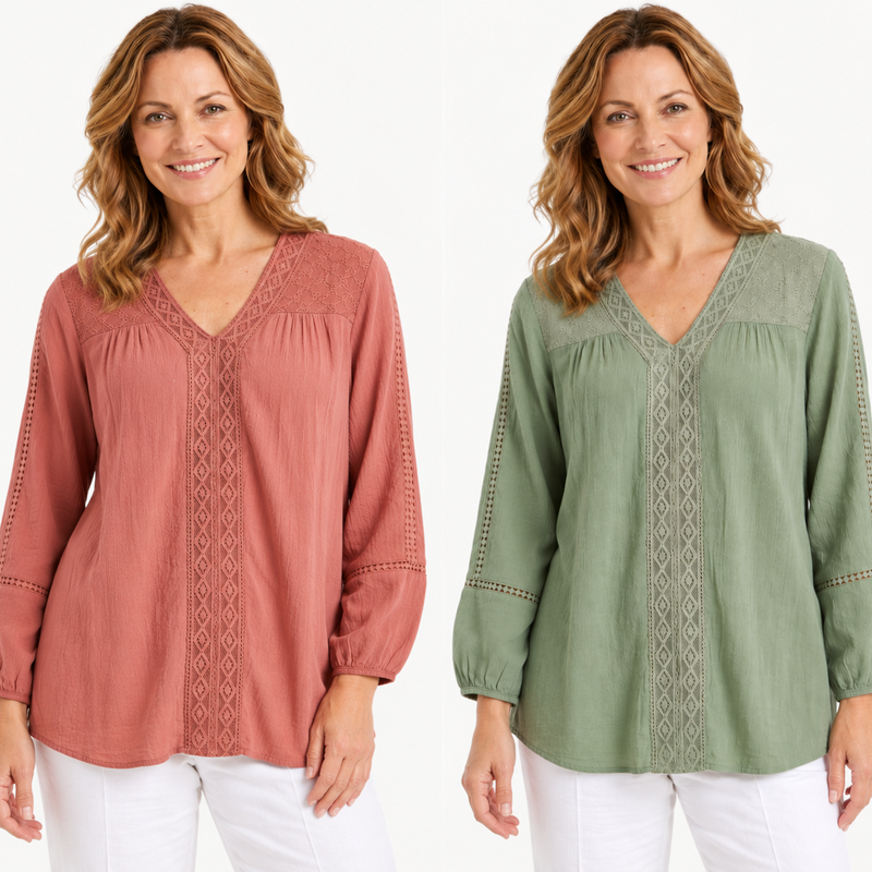 Corfu 3/4 Sleeve Crepe Georgette Top w Embroidery Ladies