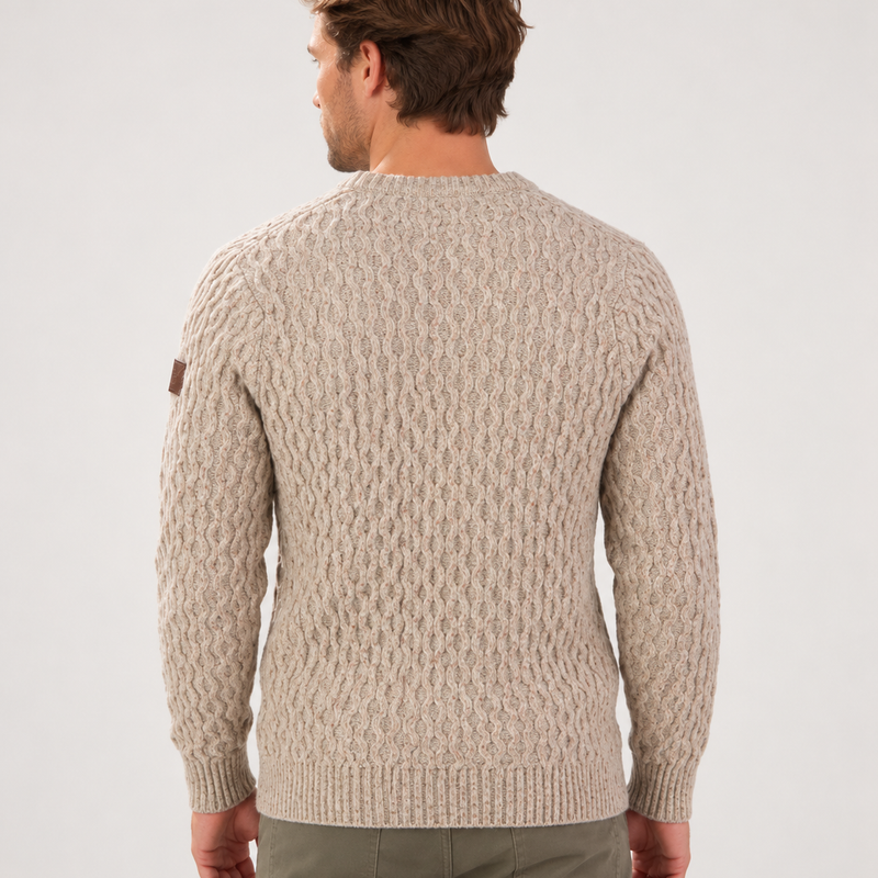 Swandri Falmouth Cable Knit Crew Jumper Mens Oatmeal