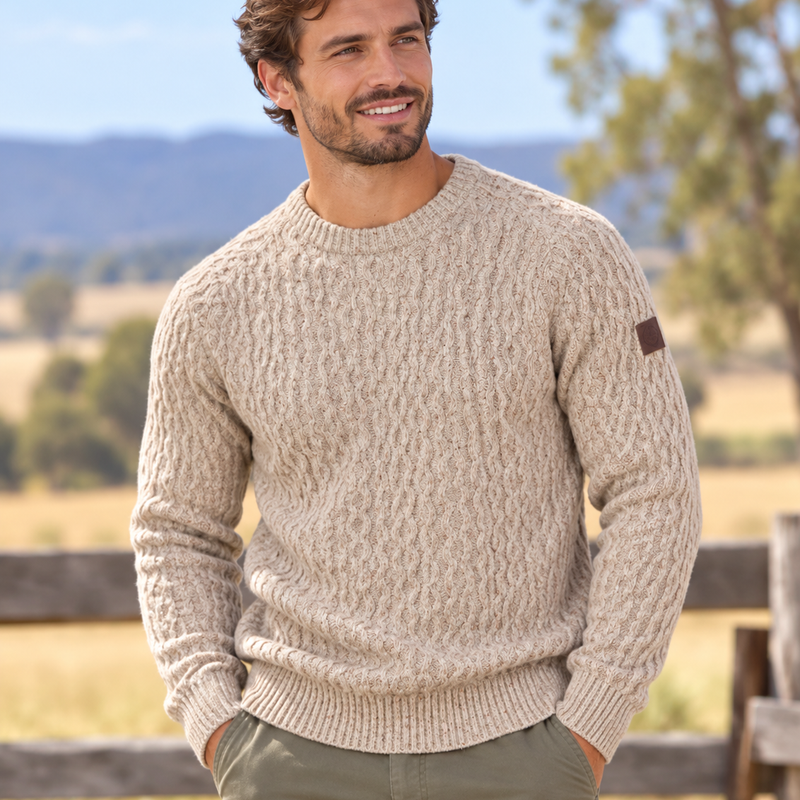 Swandri Falmouth Cable Knit Crew Jumper Mens Oatmeal