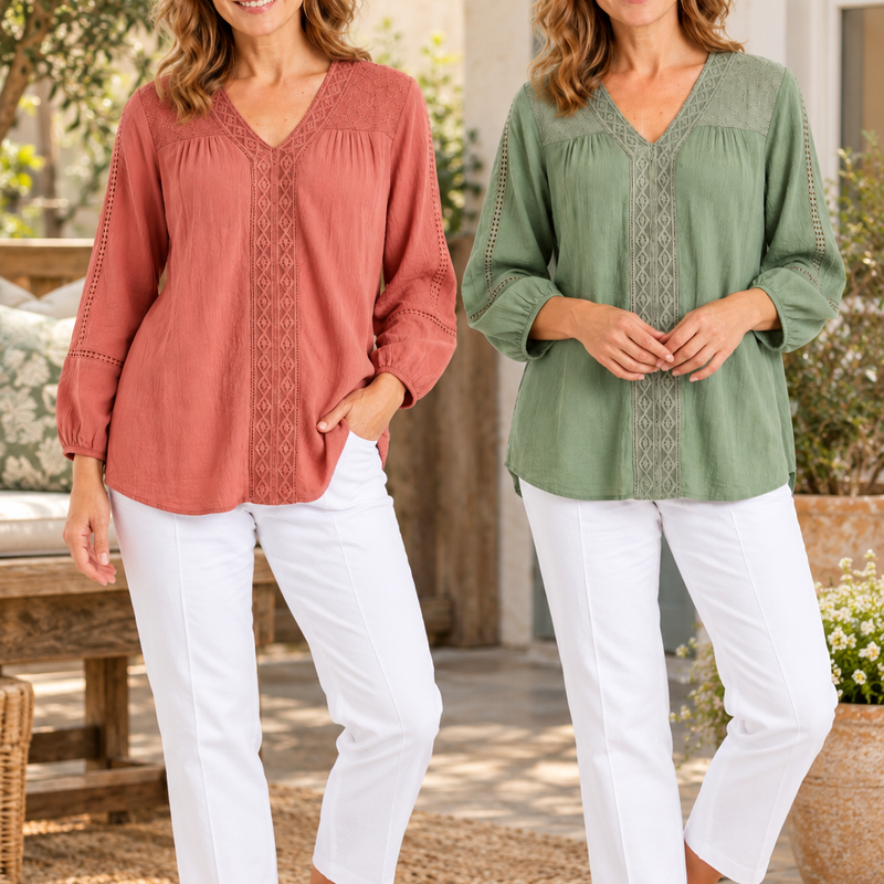 Corfu 3/4 Sleeve Crepe Georgette Top w Embroidery Ladies