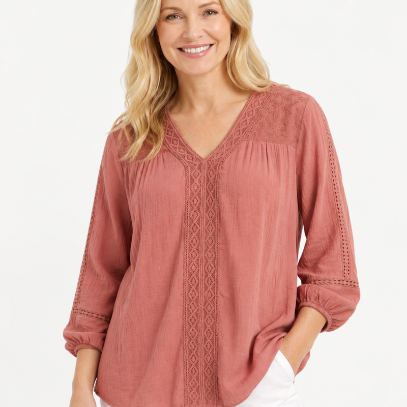 Corfu 3/4 Sleeve Crepe Georgette Top w Embroidery Ladies