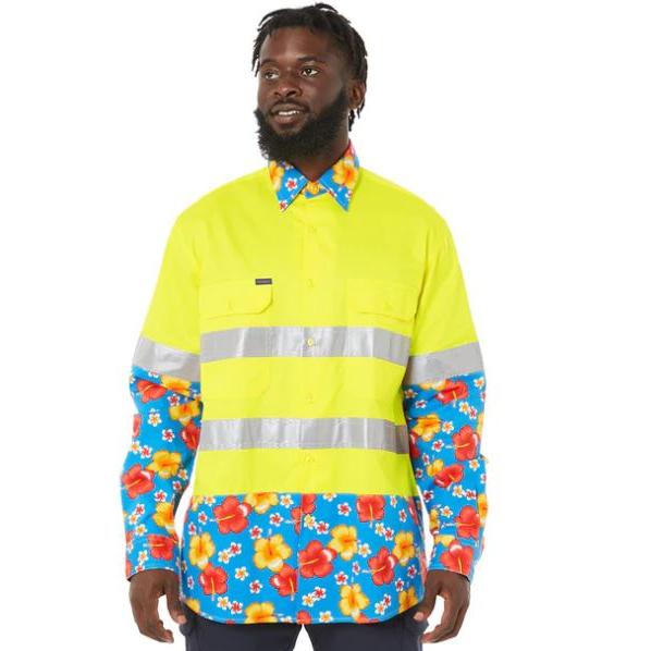 Ritemate Hi Vis LS Shirt Mens orange hibiscus