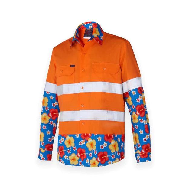 Ritemate Hi Vis LS Shirt Mens orange hibiscus